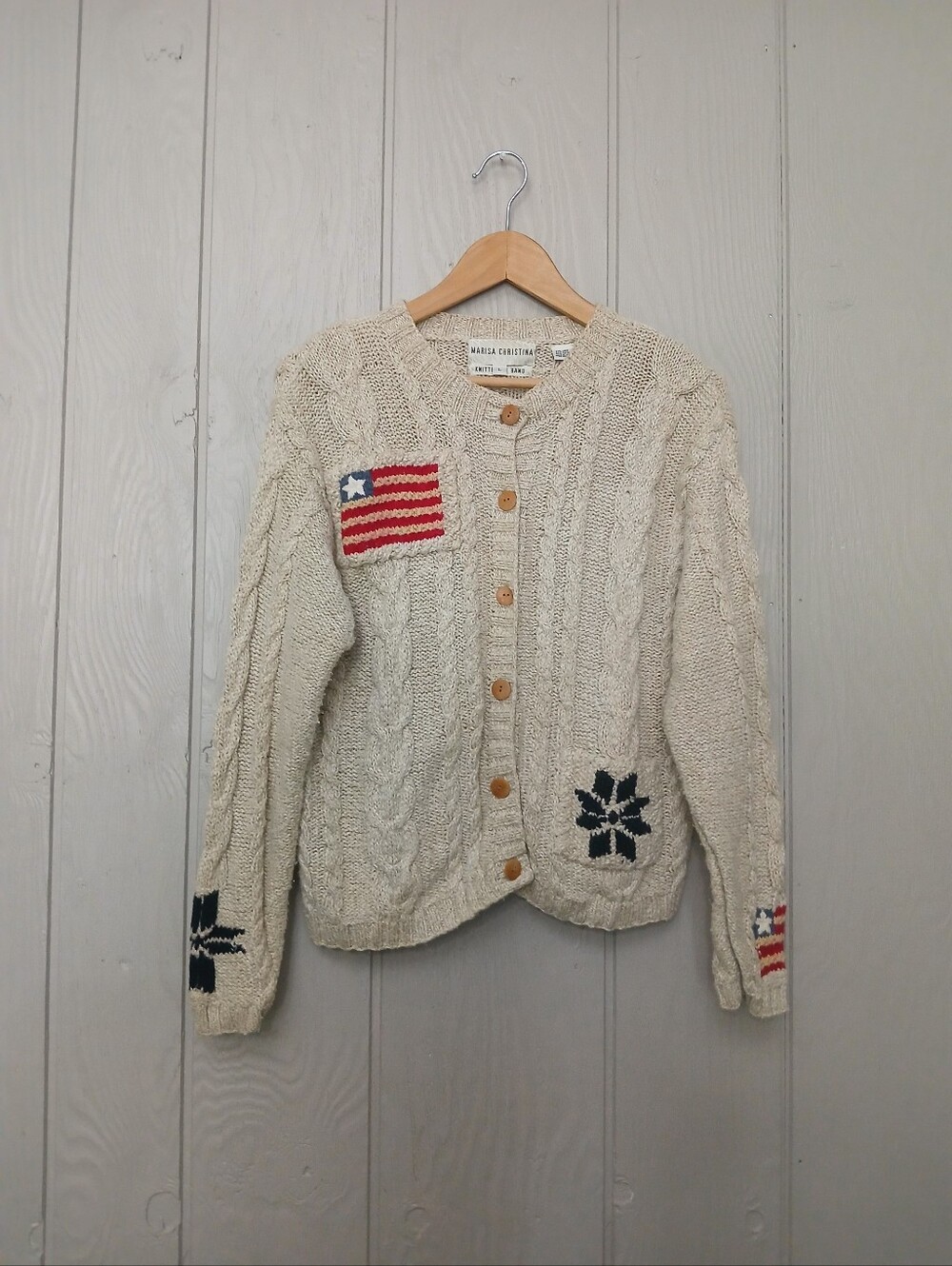 Marisa Christina Cream Cable Knit Cardigan Linen Cotton USA Large